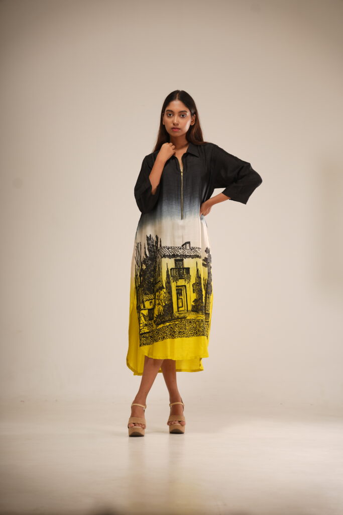 Black & Yellow Ombre Dress (Hand-Painted Art & Hand Embroidery)