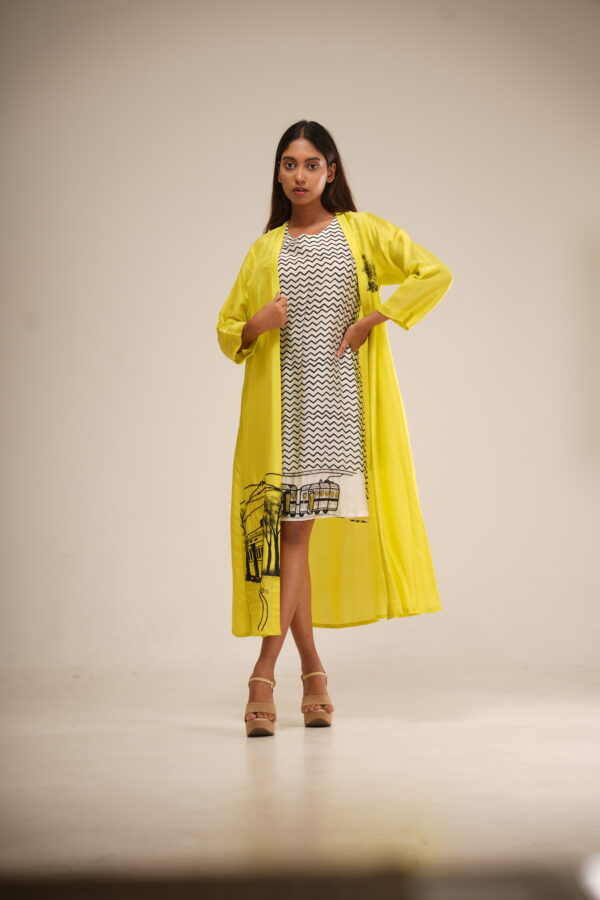 Slime Yellow Ombre Bemberg Silk Dress (Hand-Painted Art & Hand Embroidery)
