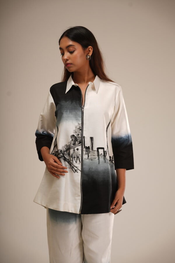 Off-White Bemberg Silk Co-Ord (Hand-Painted Art & Hand Embroidery)