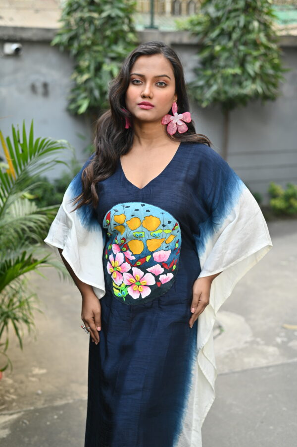 Navy Blue Ombre Bemberg Silk Kaftan (Hand-Painted & Beaded Patchwork)