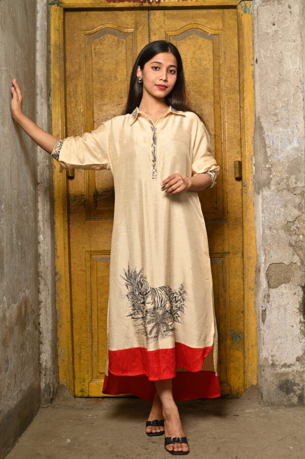 Beige Hand-Painted Dress with Embroidered Art Motif