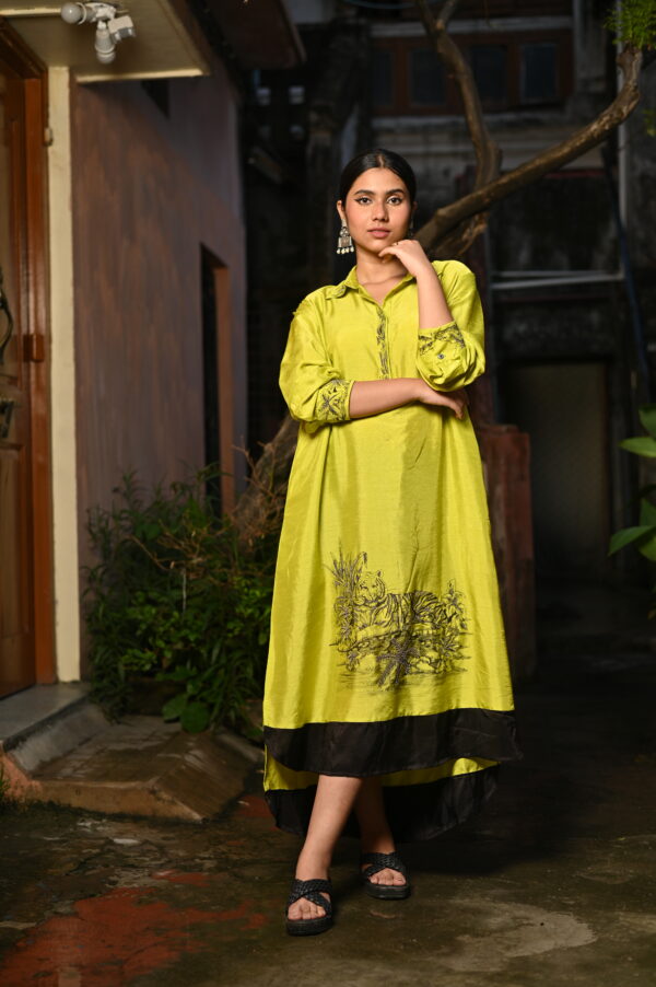 Slime Yellow Hand-Painted Dress (Embroidered Art Motif)