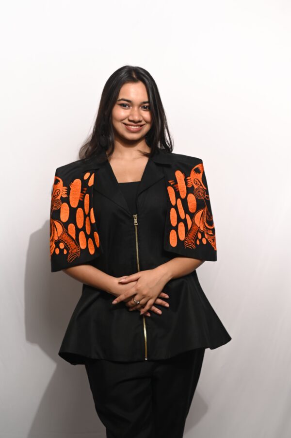 Black & Orange Cotton Co-Ord Set (Embroidered Sleeves)
