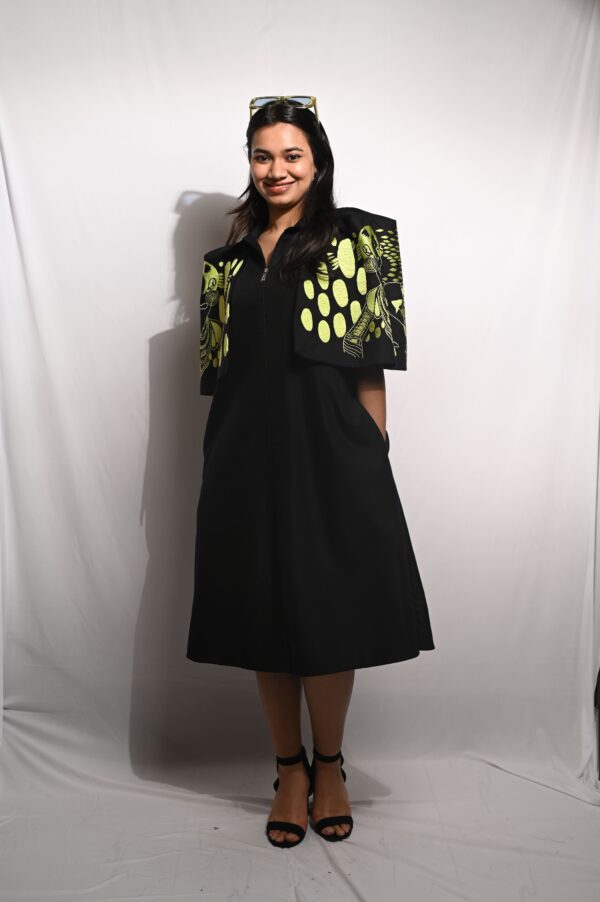 Black & Green Cotton Cape Dress (Machine Embroidered Sleeves)
