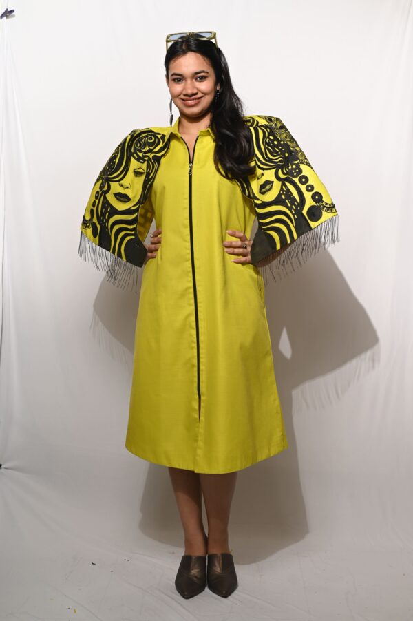 Slime Yellow Hand-Painted/Hand-Embroidery Cape Dress