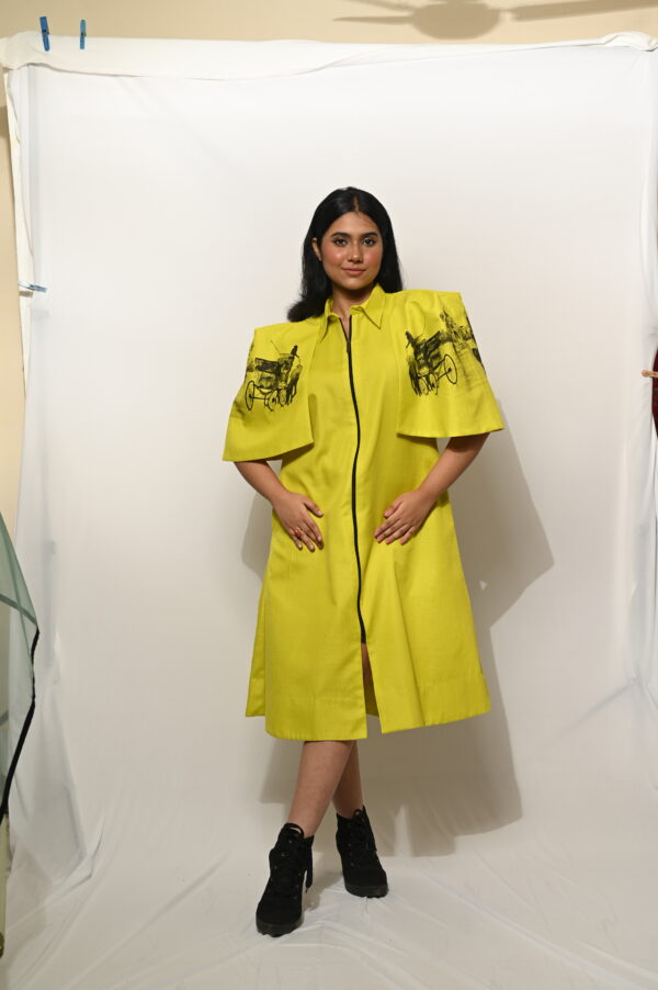 Slime Yellow Cotton Cape Dress with Hand-Painted Artwork