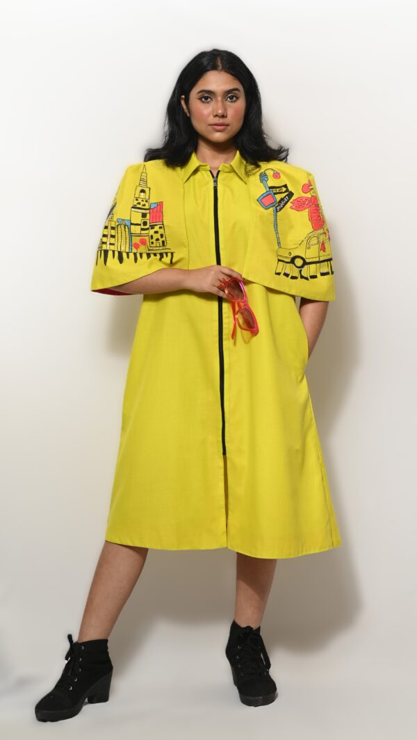 Slime Yellow Hand-Painted Cotton Cape Dress for Women
